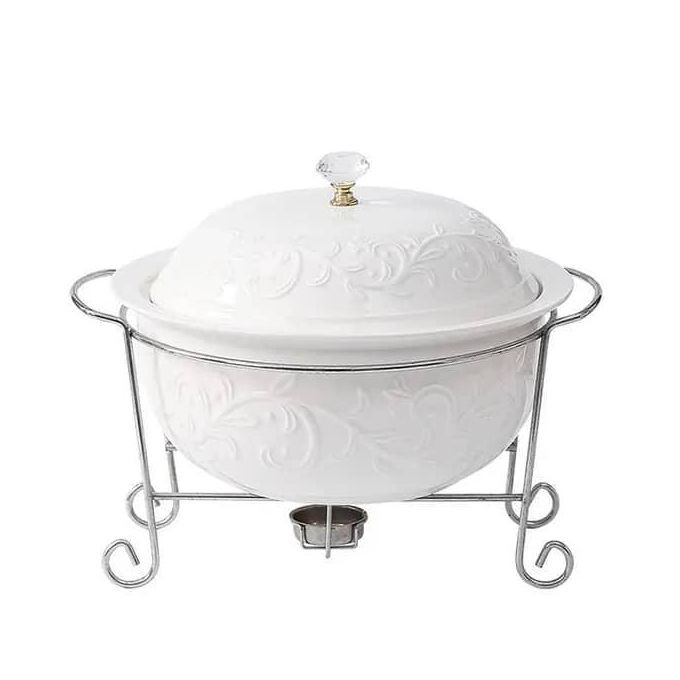 3 Pieces Of Round Chafing Dish Buffet Set Ceramics Food Warmer Chafer With Lid, Chafers And Buffet Warmer Set For Weddings Parties Banquets Events- White