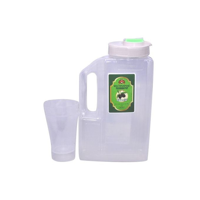 Plastic Water Fridge Bottle with 1 Glass, 1.5L - Green, White