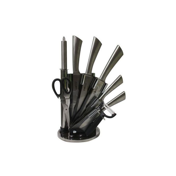 7 Piece Kitchen Knife Set On A Rotating Plate Stand - Silver.