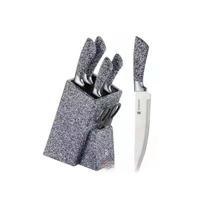 7 Piece Black Dotted Handle Knife Set In Wooden Stand - Grey.