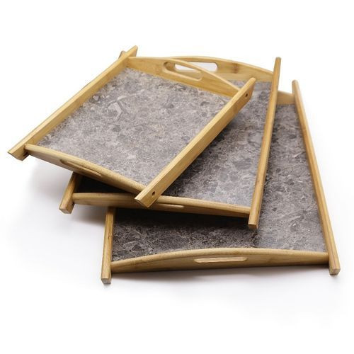 3 Piece Heavy Marble, Bamboo Wooden ServingTrays, Grey. TRAY
