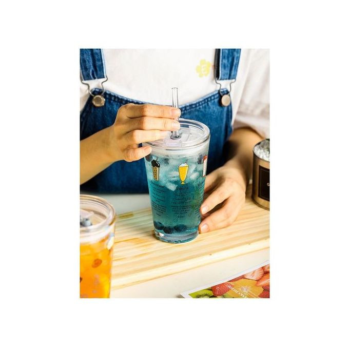 450ML Reusable Smoothie Cup, Glass Shake Tumbler With Plastic Lid- Colorless.