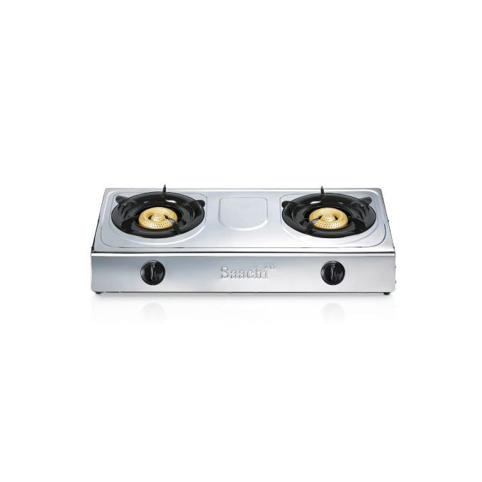 Double Burner Gas Stove Cooker With Automatic Ignition, Silver Saachi