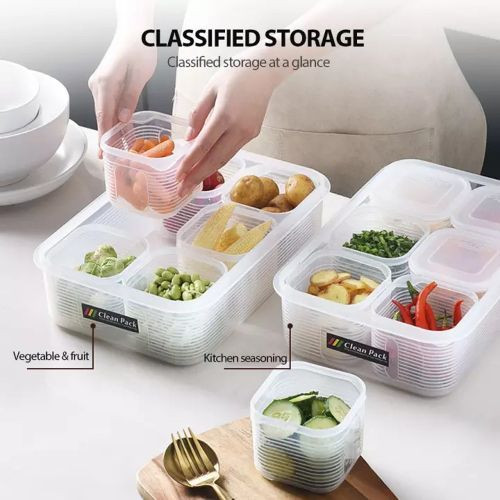 Plastic Food Storage Containers With 6 Removable Tins Fridge Organizer -White.