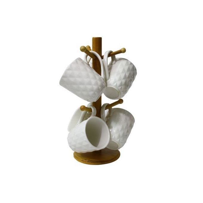 6 Pieces Of Tea Coffee Cups Mugs On Wooden Stand - White.