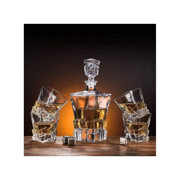 Premium Crystal Clear 7Pcs Bar Set, 1 Decanter Bottle(850ml) with 6 Whiskey Glasses(300ml), Perfect for Scotch, Bourbon, Wine, Vodka, Cocktail, Tequila, Rum Best Gift (Stone Base)