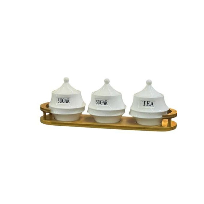 Tea Coffee Sugar 3 Canisters Containers Set With Wooden Bamboo Stand Tray Condiment Pots Airtight Jars Set- White.