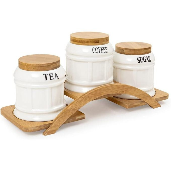 Ceramic Bloque Tea Coffee Sugar 3 Canisters Set with Wooden Arc Stand Tray - Storage Containers with Bamboo Lid - Canister for Serving Tea, Coffee, Condiment - Airtight Jars Set Kitchen -White