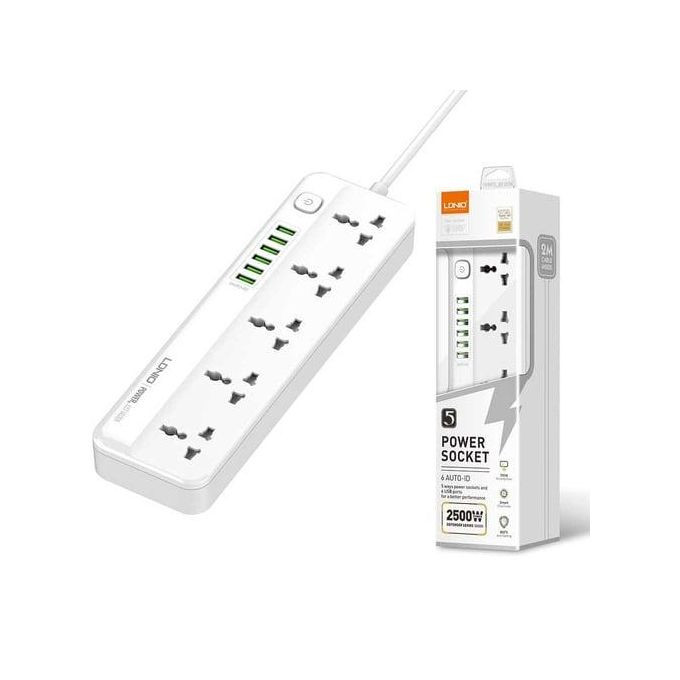 2500W Power Strip Surge Protector With 5 Ac Outlets Sockets And 6 Usb Charging Ports 2m Long Extension Cord For Home- White Ldnio