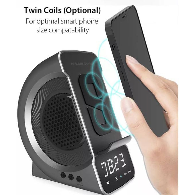 3-In-1 Wireless Charging Charger Bluetooth -Compitible Speaker Clock Support TF Card Phone Holder Double Coil Induction Design for Bedside