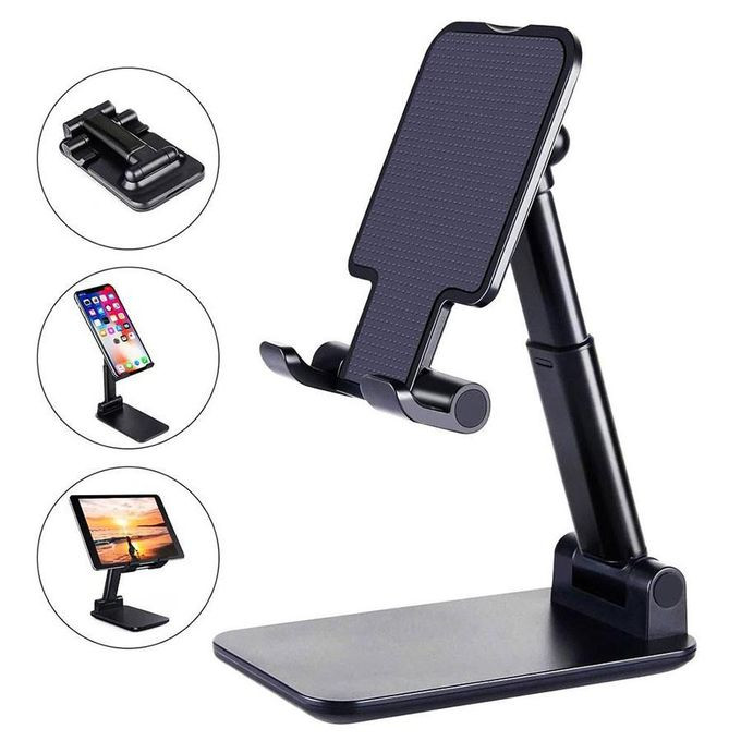 Phone Stand for Desk, Foldable Portable Cell Phone Holder Stand with Weighted Base, Adjustable Angle & Height Cell Phone Stand, Sturdy Phone Holder Metal Desktop Phone Stand