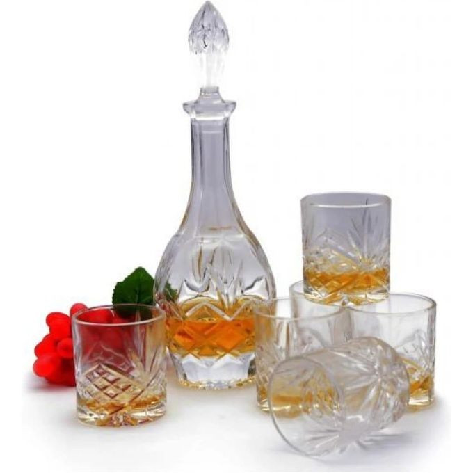 7 Piece Liqour Drinking Set With 6 Glasses And 1 Crystal Rum Scotch Or BourbonCocktail Whiskey Decanter Bottle Gift Set– Colourless