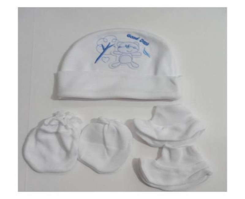 A Set of Baby Cap Mittens Socks - White Multiple Designs