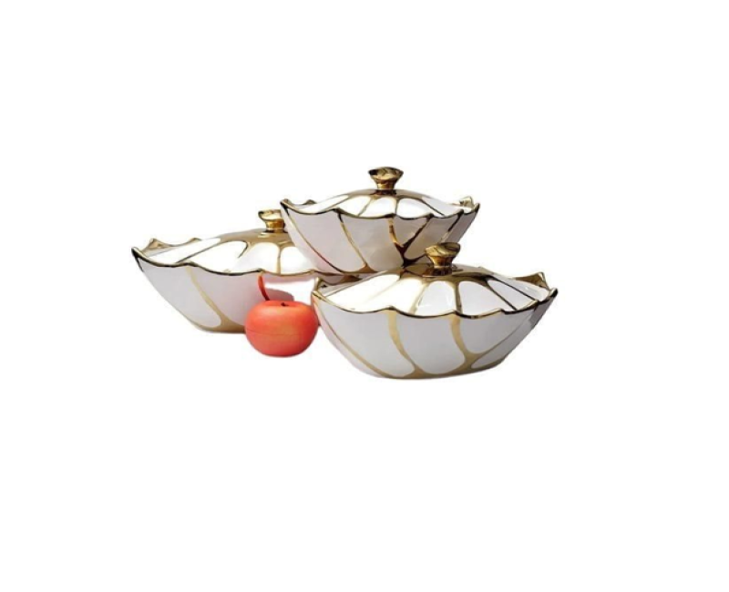 3 Piece Oval Gold lined Ceramic Soup Tureen With Lid Lovely Serving Dishes With Lid, White Bowls