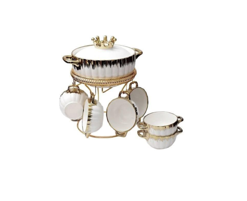 Fancy Ceramic Soup Tureen Bowl Gift Set with 6 Soup Bowls/Cups with Handles, Gold Stand & Lid, Hotpot Style Home Decor Kitchen Utensils Set for Ramen Pasta Gravy