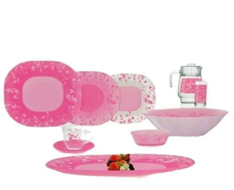 Tempered Jazzy Pink Plates, Cups, Bowls Glass Dinnerware Set, 46 Piece, Multicolor Luminarc