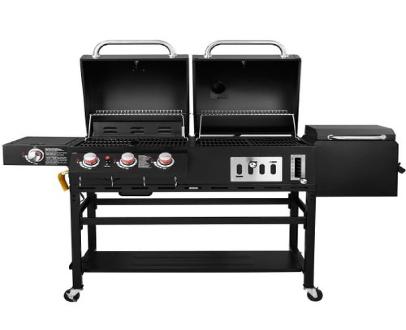2-in-1 System Smoke Hollow Charcoal And Gas Combo Station Barbecue BBQ Charcoal and Gas BBQ Grill Combo Courtyard Picnic Roast Meat Oven Trolley With Firebox Barbecue Smoker With Side Burner And Side Storage Box Stove for Outdoor Garden- Black
