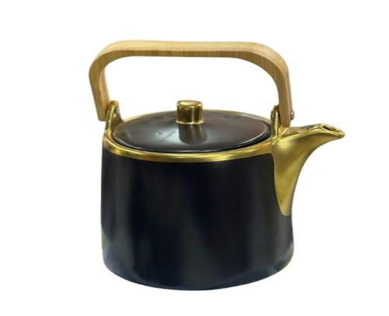 1 Litre Round Ceramic Non-Stick Stovetop Teapot Kettle With Wooden Handle - Black