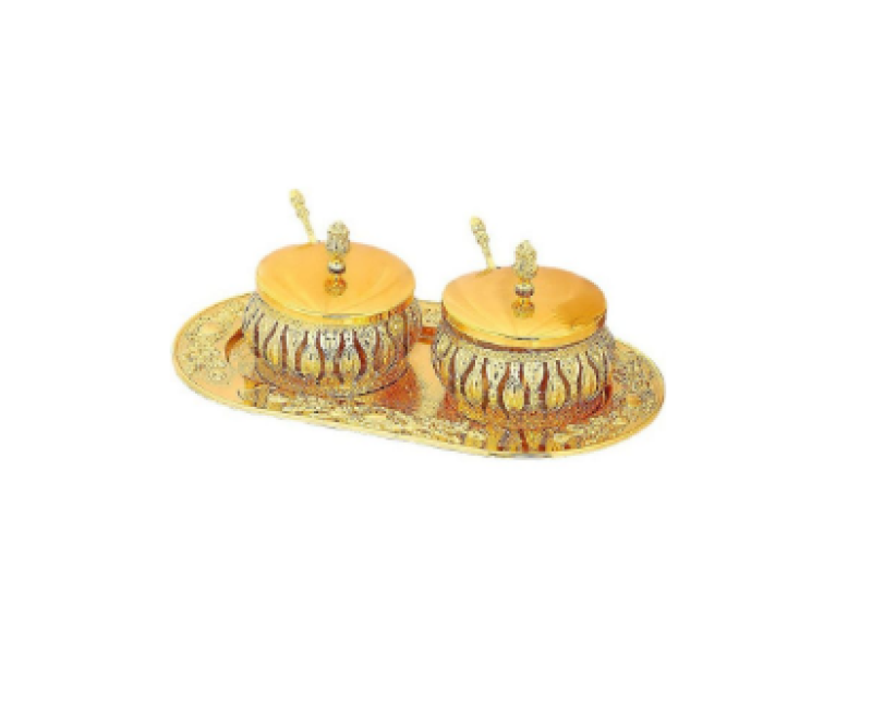 Modern Gold Metal Spice Pot Sealed Glass Sugar Bowl Box With Lid And Spoon Kitchen Utensils Salt And Chilli Jar Food Storage Container House Decoration Spice Jar Candy Jar With Tray Set For Kitchen Decoration-Multicolor