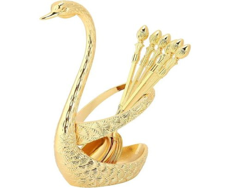 Swan Shape 6 Spoons And Forks Holder Stainless Steel + Zinc Alloy Corrosion-resistant Electroplated Surface Mirror Polishing Tableware Kit, For Living Room, Dinning Room, Kitchen Coffee Bar, Tea Party, Home Bar Table -Multicolor