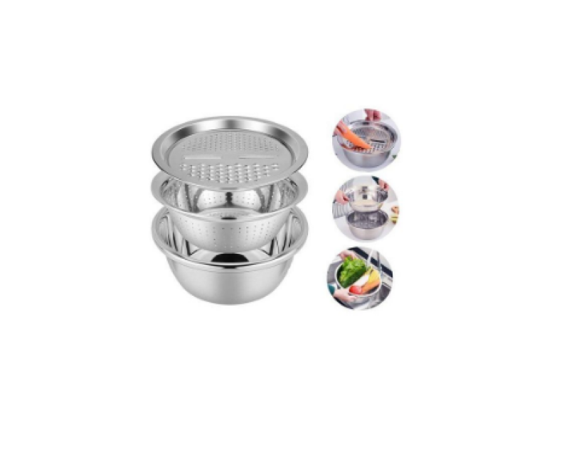 3 In1 Colander Basin, Grater Strainer & Rice Drain Basket Salad mixing Bowl, Silver. Other