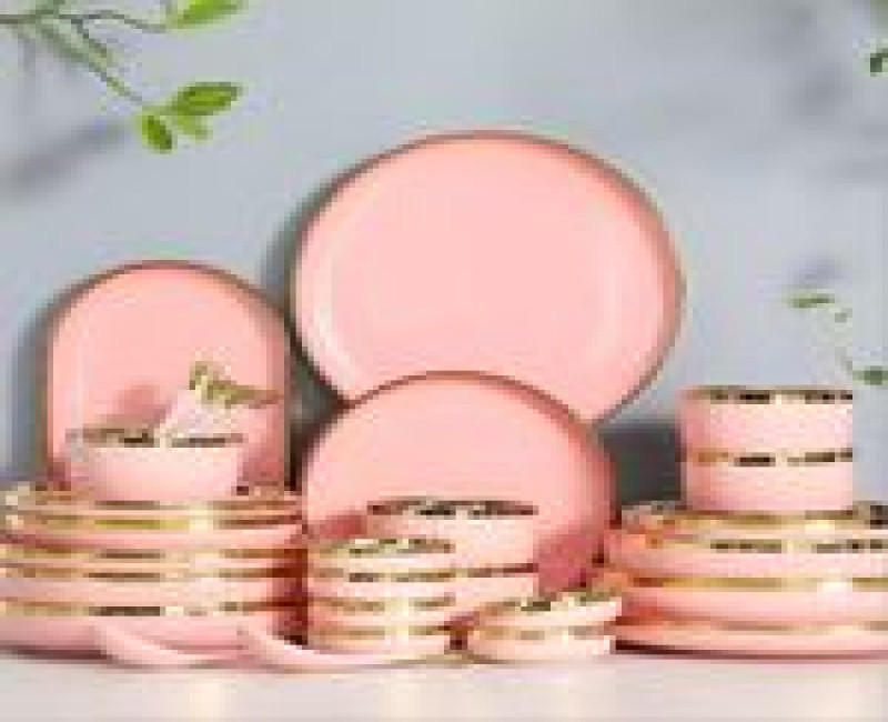 32Pcs Microwave Ceramic Pates Bowls Spoons Restaurant Dinnerware Gift Set Porcelain With Gold Rim Box For 8