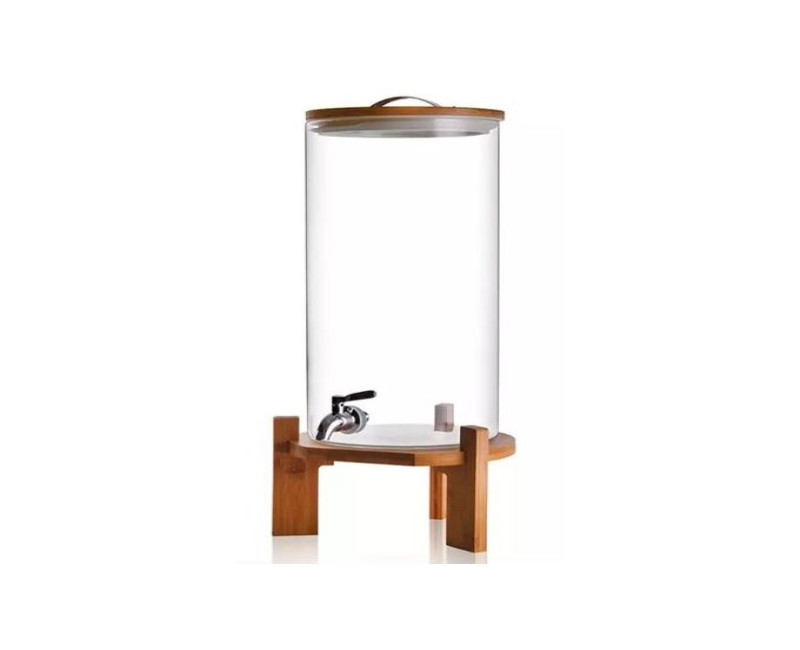 10L Glass Drinks Dispenser Jar With Tap, Spigot, Lid And Wooden Stand for Hot or Cold Beverages- Clear.