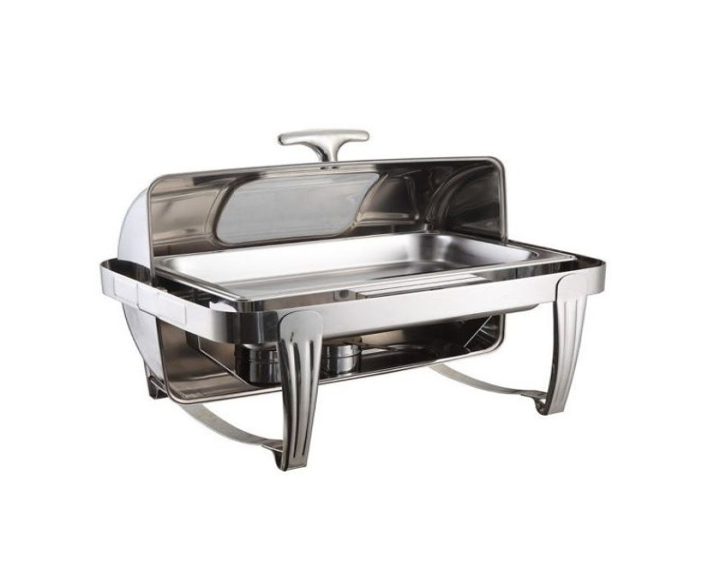 9L Single Rectangular Roll Top Chafing Dish Glass Lid Buffet Food Warmers- Silver.