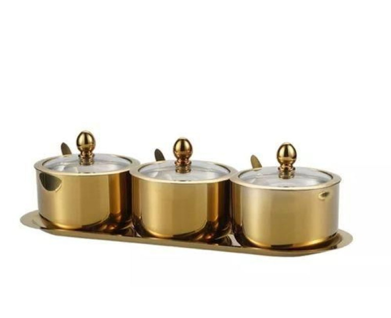 3 Pc Seasoning Containers Spice Jar Rack Condiment Salt Pepper Sugar Storage Organizers with Serving Spoons - Gold.
