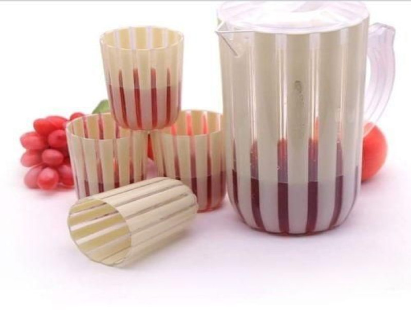 4 Piece Plastic Juice Tumbler Cups And 1Piece Jug Water Set- Cream.
