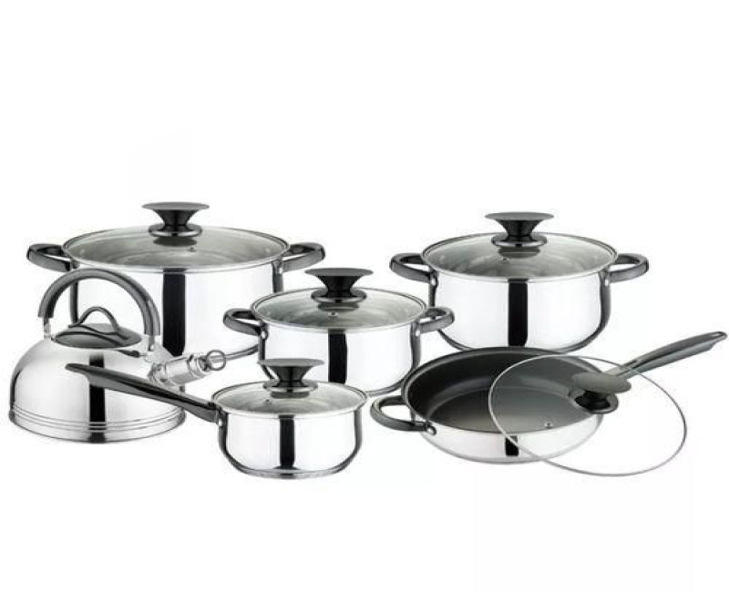 12 Pc Steel Pots Kettle Frying pan Saucepans Cookware, Silver, Black.