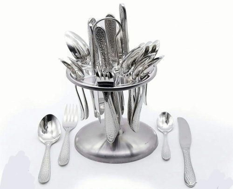 24 Pcs Plain Dinner Cutlery (Forks,Spoons& Knieves) With A Stand - Silver