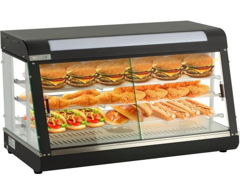90*45*67CM Countertop Food Warmer Display Case 3 Shelf Hot Warming Showcase with Front and Back Sliding Door and Water Tray- Black