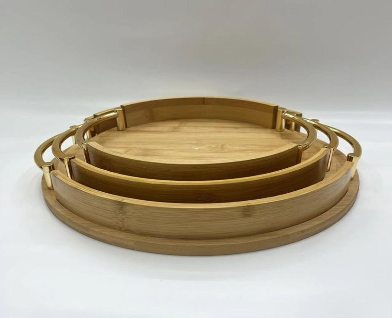 3 Piece Portable Round Fruit Bamboo Serving Tray With Metal Handles Decorative Pastry Snack Platter Wooden Butler Tray Dessert Salad Plates Bread Display For Organizing Bar Breakfast Parties Coffee Table And Hotel -Brown