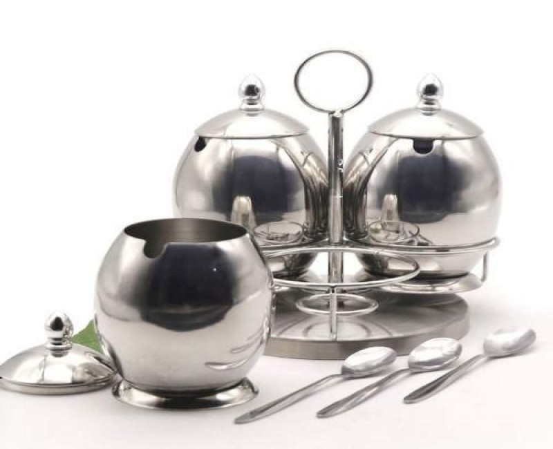3 Piece Stainless steel Egg Spice Sugar Bowl Canister Storage Tins Containers On Round Stand With Spoons- Silver