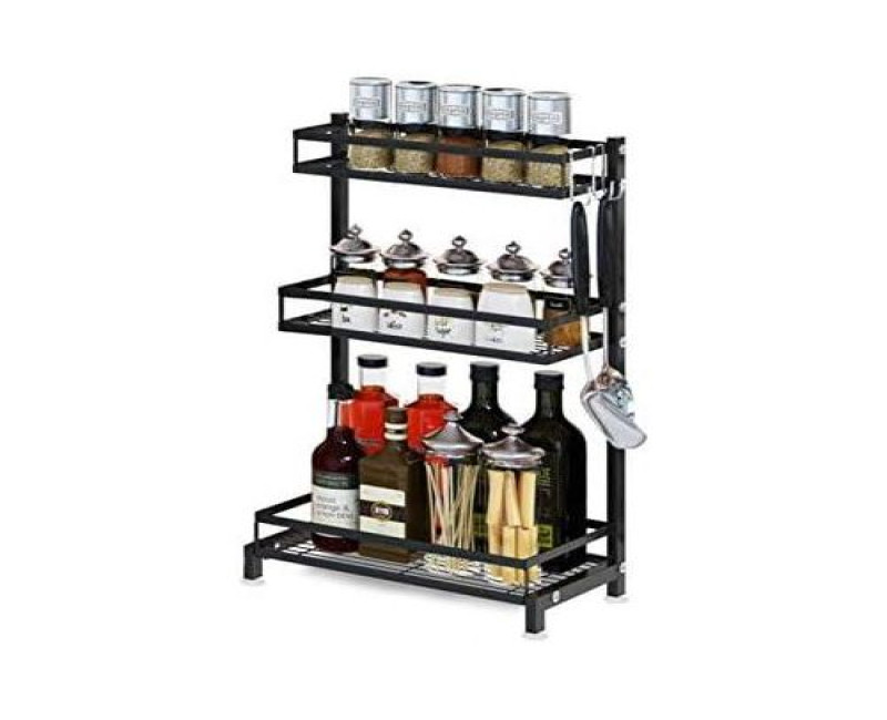 3 Layer Seasoning Spice Rack Counter Bathroom Shelf Organizer Worktop Kitchen Rack Organiser with 3 Hooks for Spice Jar Sauce Can Bottle kitchen utensils storage And Toilet Accessories- Multicolo