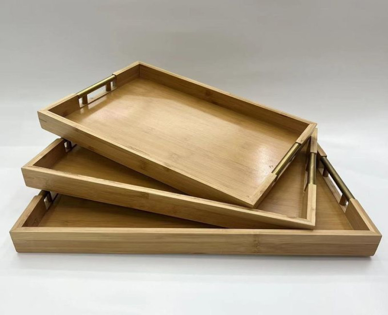 3 Piece Portable Rectangular Fruit Bamboo Serving Tray With Metal Handles Decorative Pastry Snack Platter Wooden Butler Tray Dessert Salad Plates Bread Display For Organizing Bar Breakfast Parties Coffee Table And Hotel -Brown
