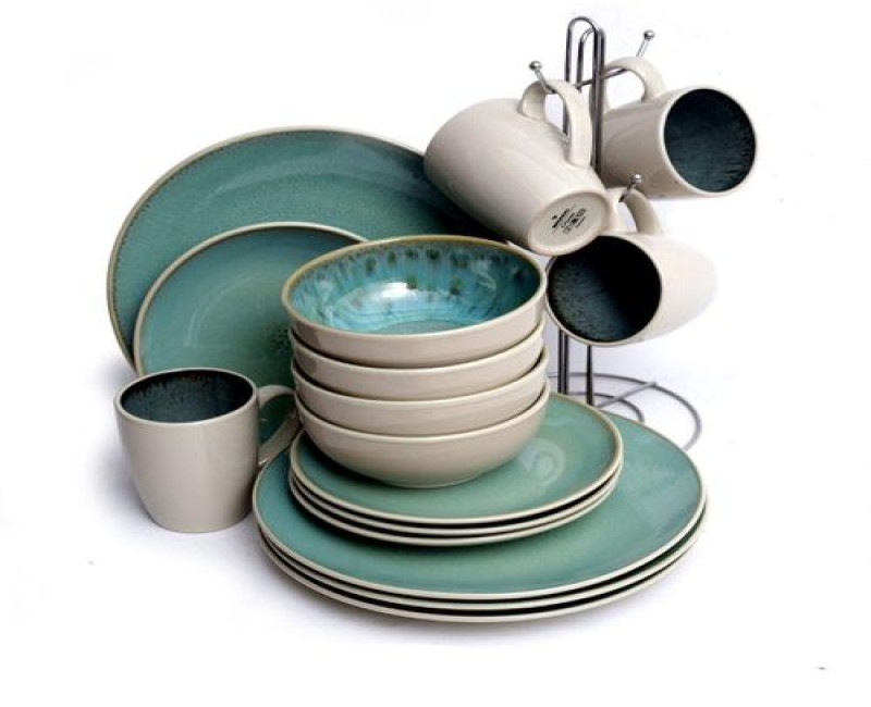 16-Piece Round Ceramic Tableware Dinnerware Set Turquoise Stoneware Cups Plates Side plates And Bowls Set For 4 People Porcelain Dinner Set Crockery Sets, Dishwasher Microwave - Multicolor
