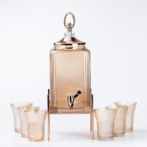 Thickened Glass Beverage Juice Dispenser With Stand Faucet And 6 Glasses Designs Vary-Multicolour