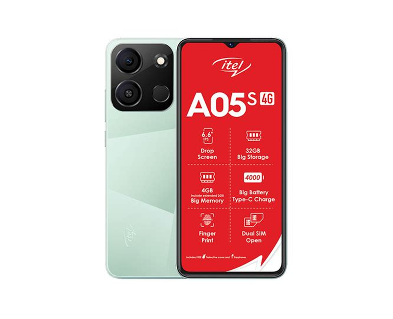 Itel A05s 4G – 6.6" HD+ Display, 2GB RAM (Expandable to 4GB), 32GB Storage, 4000mAh Battery, 8MP Rear Camera, 5MP Front Camera, Android 12 (Go Edition), Dual SIM – Meadow Green