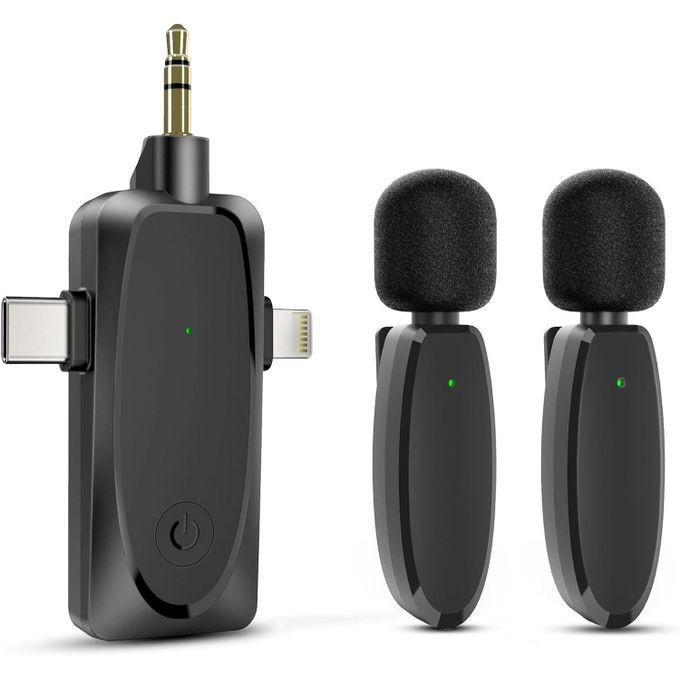 3 in 1 Mini Microphone Wireless Lavalier Microphones for iPhone, Android and Camera- 2.4G Cordless Double Mics with Noise Reduction-Professional Video Recording Lav Mic for Interview, Vlog-Black