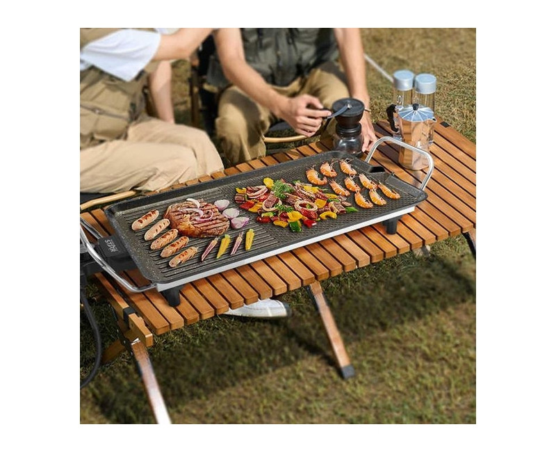 Nonstick Thermometer Electric Grill Pan BBQ Grill Machine with Two-Zone Baking Mould and Adjustable Temperature Control Electric Table Grill for Indoor Dinner Parties- Black