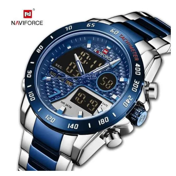 Luxury Dual Display Waterproof Men's Watch - Silver, Blue