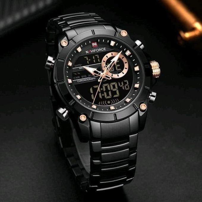 Stainless Steel Dual Display Waterproof Watch - Black