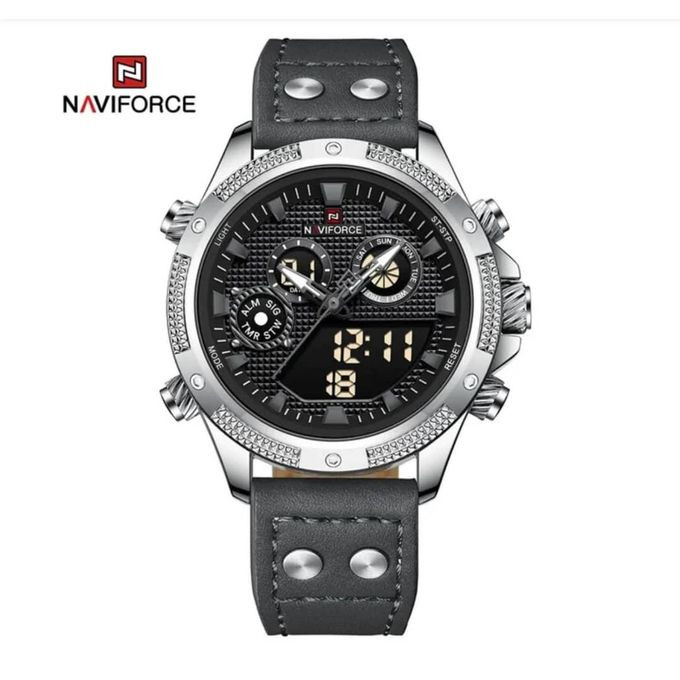 Leather Strapped Dated and Analog Dual Display Watch - Grey, Silver