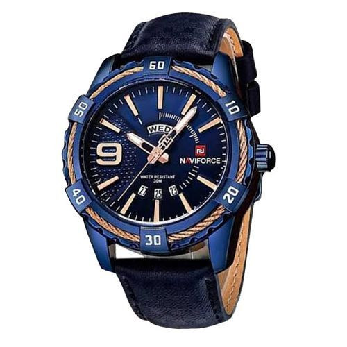 Faux Leather Analog Wrist Watch For Men - Navy Blue