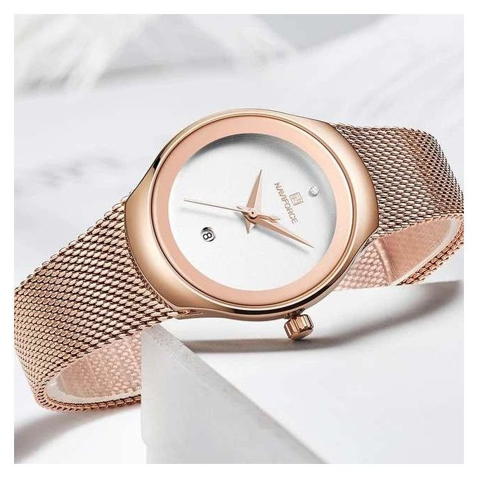 Mesh Stainless Steel Analog And Dated Waterproof Women's Watch Gold,White