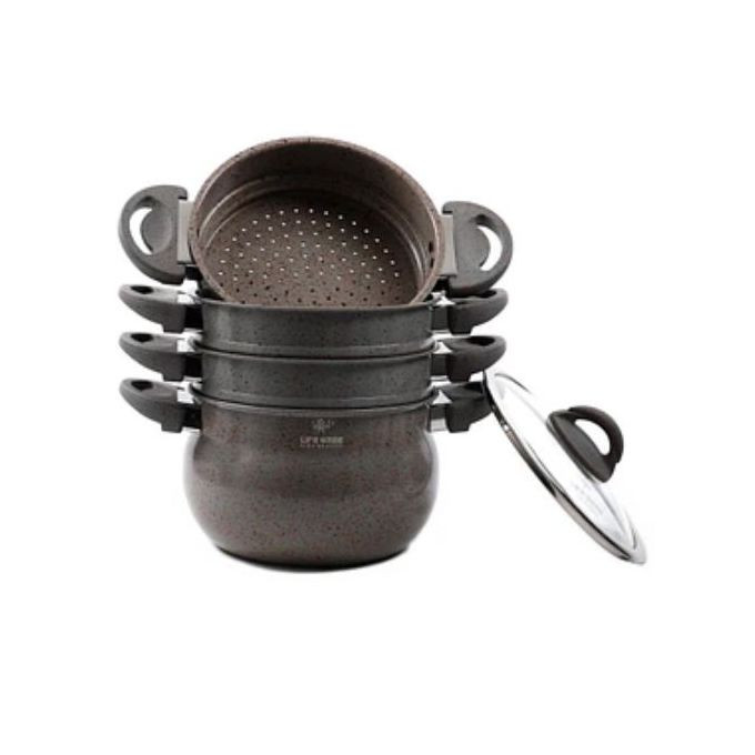 4 Layer Granite Coated Stockpot Couscoussier Steamer Saucepans - Brown.
