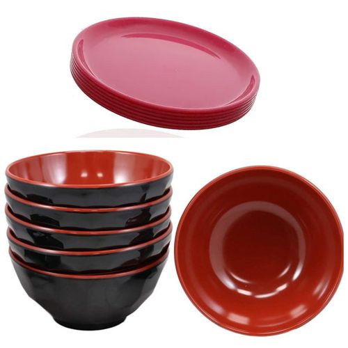 12 Pieces Quality Heavy Serving Bowls And Dinner Plates-Red/Black.