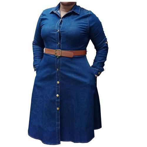 Long Sleeve Pocket Button Shirt Denim Dress-Navy Blue